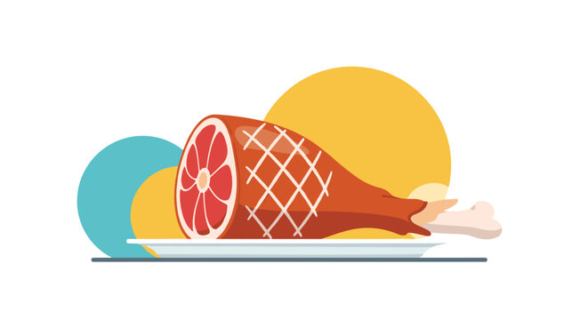 Glazed ham on a plate with bone and colorful background circles, delicious meat dish illustration for festive holiday dinners and celebrations.