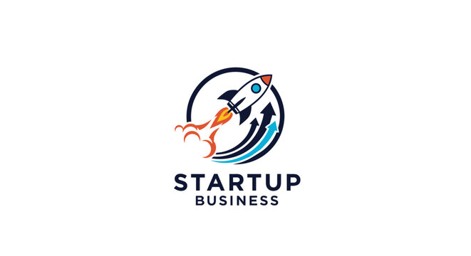 Creative startup business logo design featuring a stylized rocket ship launching upwards with colorful fire and arrows.