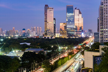 Fototapeta premium Bangkok central business district skyline on the evening, modern skyscrapers under twilight sky.