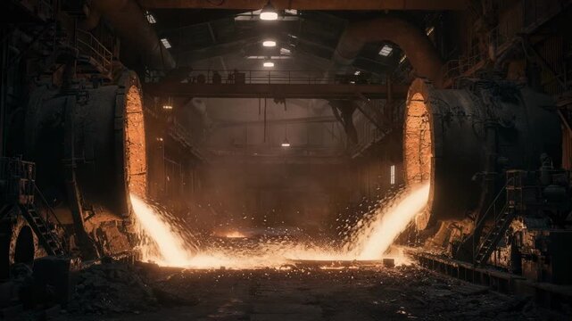 Medium shot of copper converter aisle showing intense airflow shaping blister copper with glowing matte surface creating dynamic industrial environment.