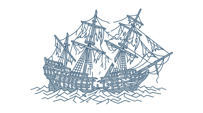 Vintage Sailing Ship Illustration on Water.