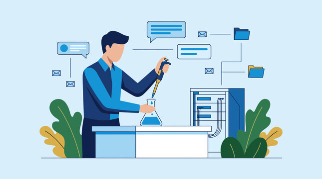 Scientist conducting digital research and data management illustration