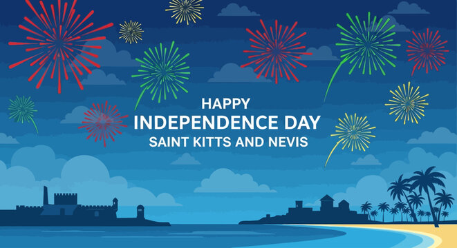 Happy Saint Kitts and Nevis Independence Day celebration with colorful fireworks at night.