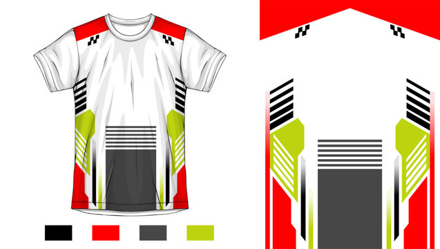 Sport jersey vector design template with red white and lime green abstract geometric pattern