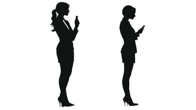 Businesswomen silhouettes stand in profile while checking their smartphones to manage professional tasks and digital communication during a busy workday on a clean white background with ample copy.