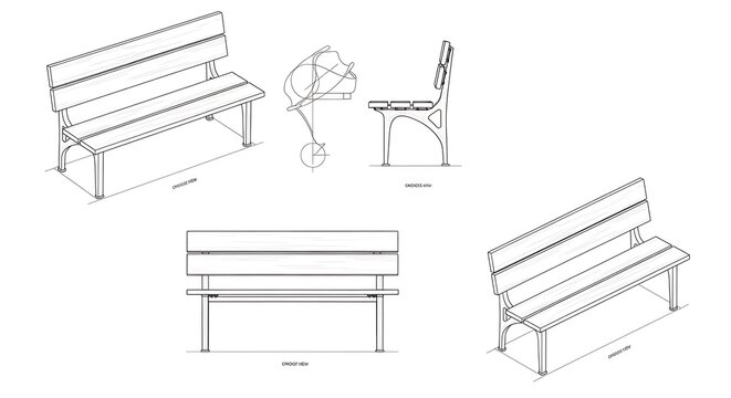 Technical blueprint drawing of a modern park bench with multiple views for architectural design projects