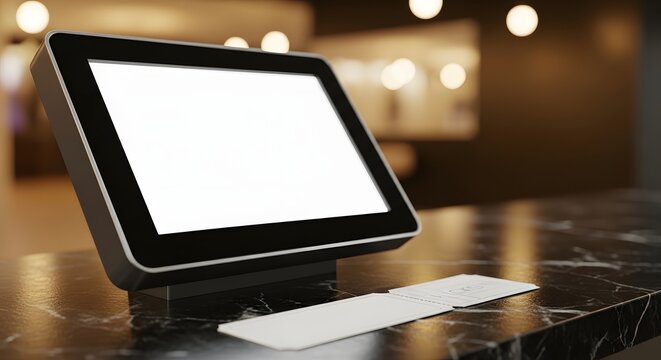 Modern point of sale terminal with blank screen on a marble counter in a blurred retail environment, ready for custom content.
