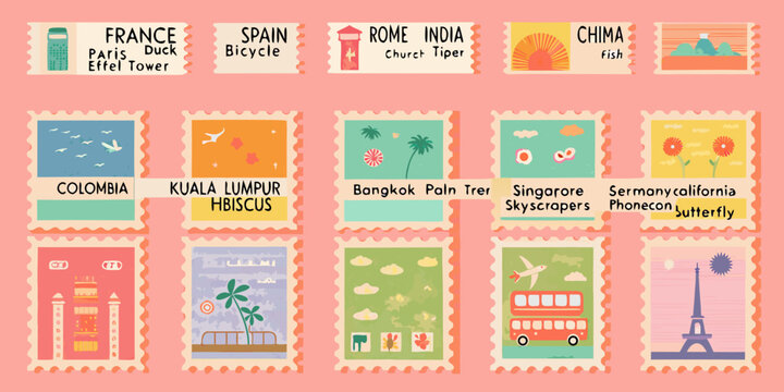 Collection Of Twelve Illustrated Postage Stamps With Global Landmarks
