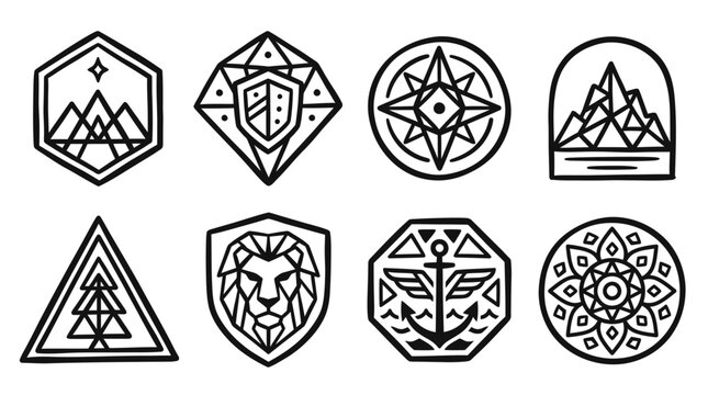 Geometric Emblems & Badges: Mountains, Lion, Compass, Anchor, Trees, Shield, Mandala