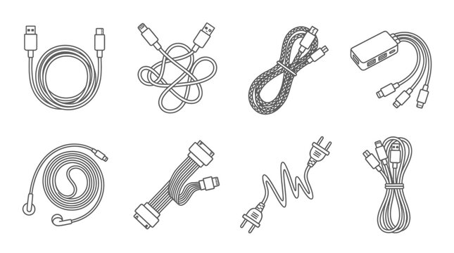 Collection of digital cables and connectors, technology, communication, and data transfer icons