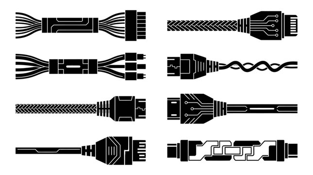 Collection of black computer cables and connectors isolated on white background