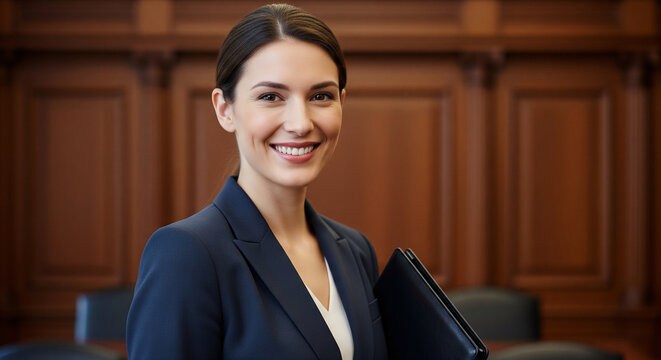 Confident businesswoman smiling in classic wooden office perfect for executive corporate career profile and leadership