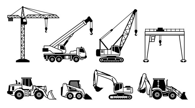 Construction Heavy Machinery Vector Icons: Cranes, Excavators, Loaders