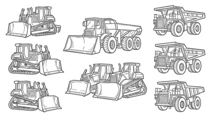 Obraz premium Construction Vehicles: Bulldozers and Dump Trucks Collection - Hand Drawn Sketch Style