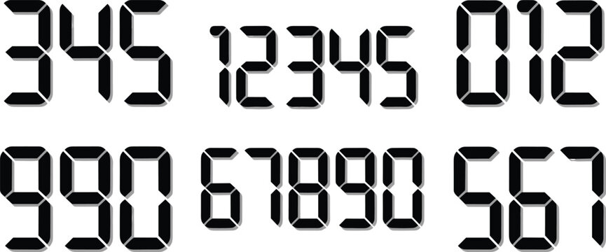 Digital Electronic Number Set with Black Seven Segment Led Display Digits for Clock Timer Calculator Scoreboard and Tech Interface Graphic Designs