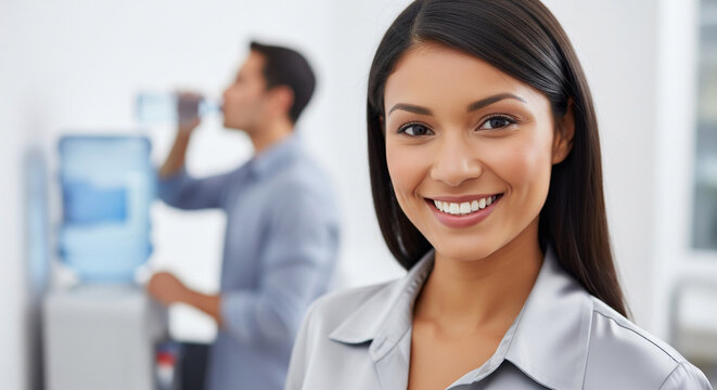 Portrait of smiling businesswoman near water cooler in bright office perfect for corporate break concept and relaxation