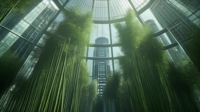 Futuristic Bamboo Forest Inside a Modern Glass Atrium 4K Generative AI