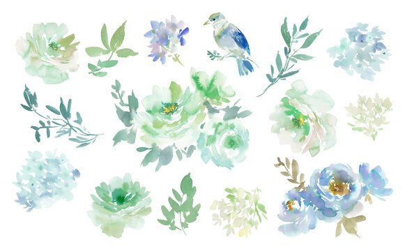 Watercolor floral PNG clipart set with abstract hand painted blue and green roses, wild flowers and little birds for wedding invitation, stationary and surface design