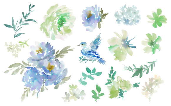 Watercolor floral PNG clipart set with abstract hand painted blue and green roses, wild flowers and little birds for wedding invitation, stationary and surface design