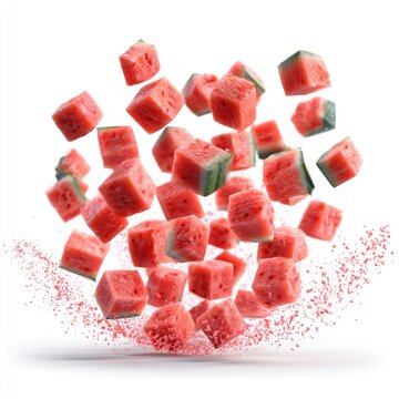 Cubes of fresh watermelon pieces appear to be floating and bursting with vibrant red juice droplets on a white background.