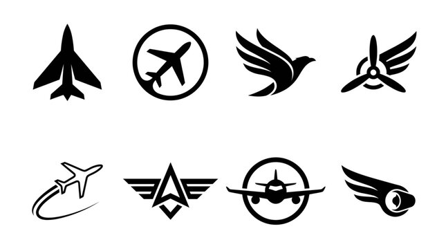 Set of Aviation Icons: Airplanes, Propeller, Bird, Winged Symbols for Travel and Transport
