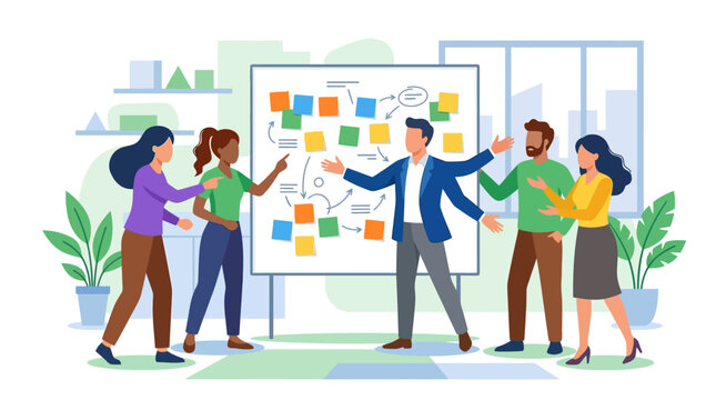 Flat faceless vector illustration of a diverse business team brainstorming in a modern office with a male manager showing multitasking skills while presenting a whiteboard with notes.