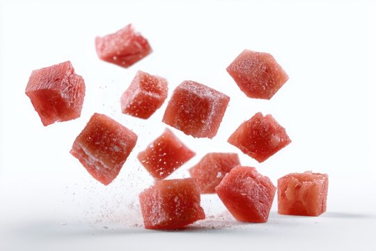 Red meat cubes are suspended mid-air against a white background, showcasing texture and freshness.