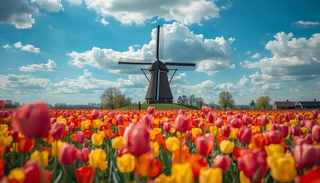 Beautiful dutch landscape with a traditional windmill surrounded by a vibrant field of colorful tulips under a bright blue sky with fluffy clouds