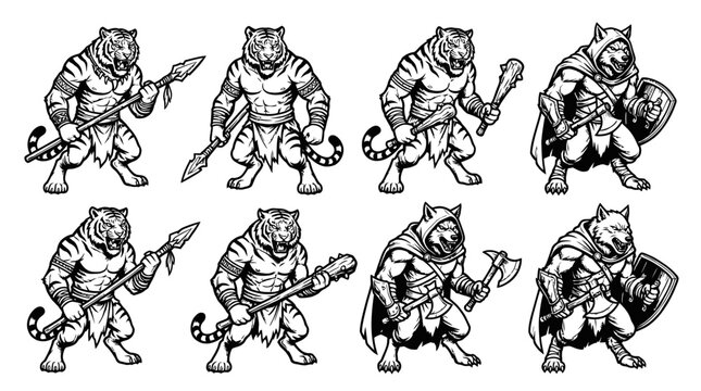 Fantasy Tiger Warriors and Rogues, Tribal Hunters with Spears and Clubs, RPG Characters