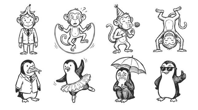 Funny Cartoon Monkeys and Penguins Doing Various Activities