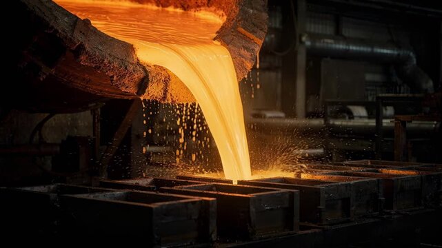 Medium shot showing the smooth pouring of melted alloy from the induction furnace spout into molds during the metal casting process.