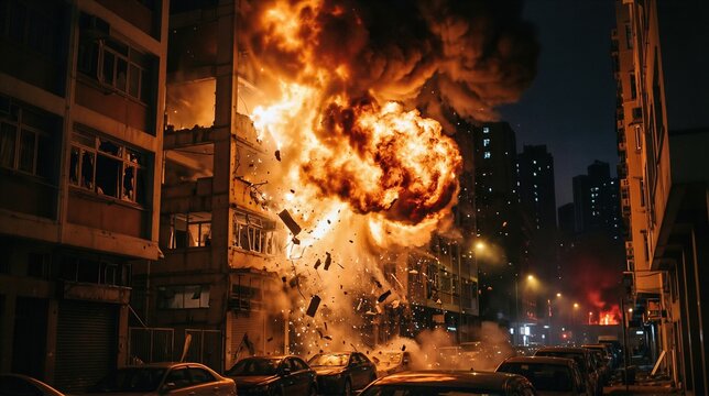 Huge explosion in urban apartment building during night. Fire and debris erupting from residential house. Violent warfare, destruction of city infrastructure and emergency conflict zone.