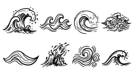 Fototapeta premium Hand Drawn Ocean Wave Illustrations Set, Black and White Sketch Style