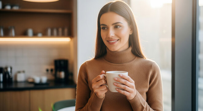Happy businesswoman holding coffee cup in modern office perfect for corporate break concept and professional daily lifestyle
