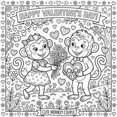 Fototapeta premium Cute Monkey Couple Valentine Day Coloring Page