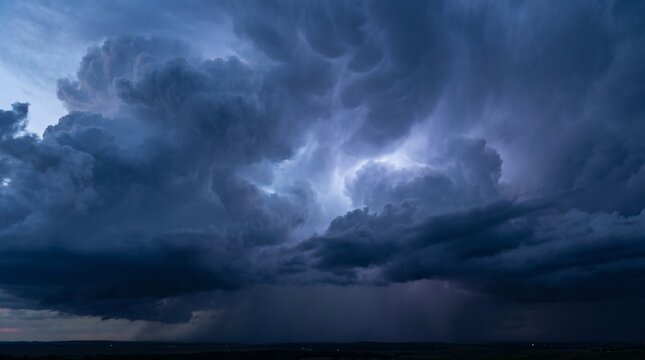 Storm cloud gradient showing heavy rain and lightning illumination within a dark dramatic sky