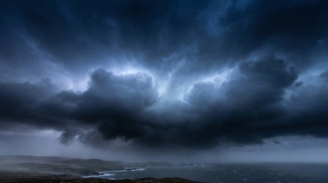 Storm cloud gradient forming over a dark restless ocean coast during a severe gale