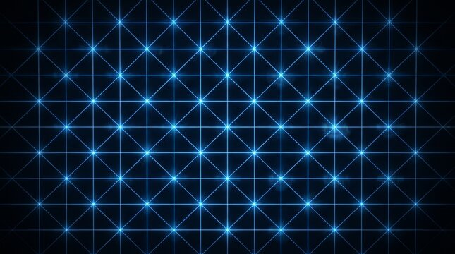 Intersecting laser grid structured into a dense triangular mesh with glowing neon blue nodes