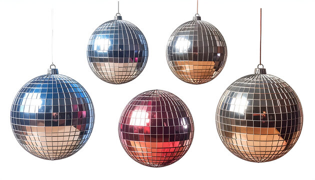 Collection of Five Disco Balls Hanging Against a White Background.