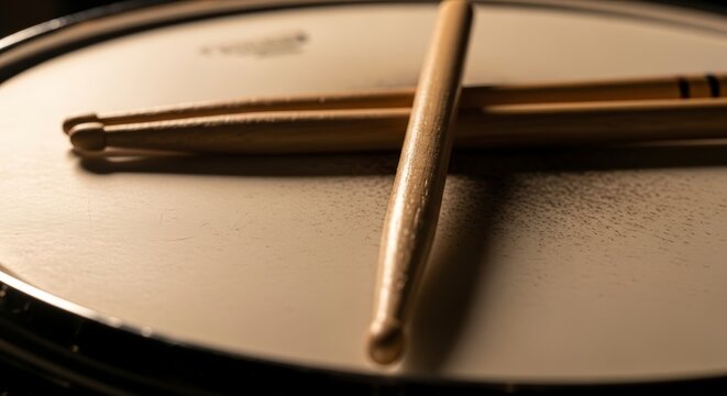 Close up of drumsticks resting on a snare drum head.