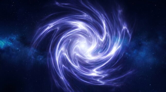 Blue plasma swirl creating a bright galactic singularity with sweeping energy arms and stellar dust