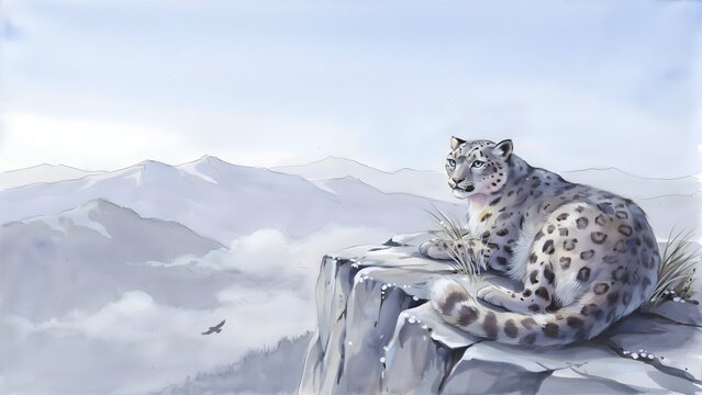 Snow leopard resting on rocky cliff, watercolor palette of icy blues, soft grays, and muted lavender tones, fur rendered with delicate brush layering, misty mountain background