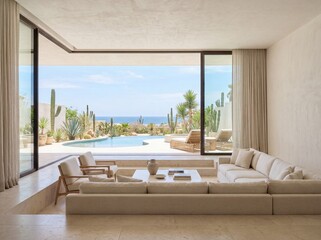 Fototapeta premium Premium Resort Villa Interior with Calm Pool Water