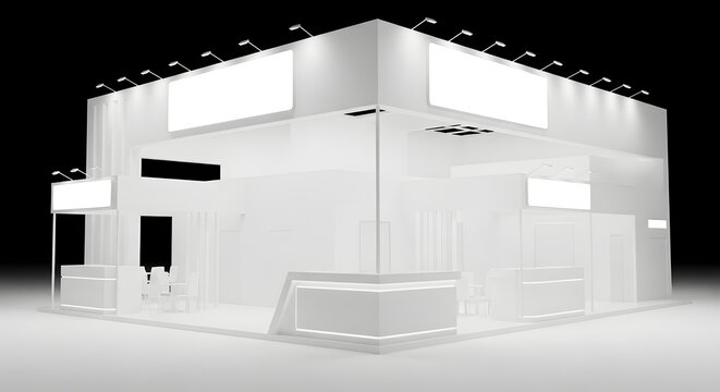 Modern white exhibition stand with blank banners and spotlights, ideal for product display and corporate events.