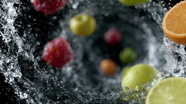 Transparent splash tunnel with floating fruits, surreal beverage advertising, glossy realistic water motion