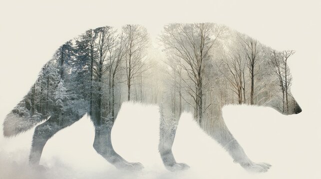 Double exposure wolf silhouette with winter forest trees transparently merged