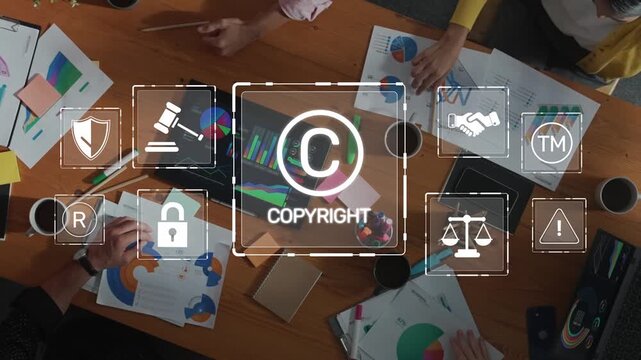 Diverse group of professionals collaborating around a table while focusing on business strategies, enhanced by copyright symbols reflecting creativity and legal awareness. Raster