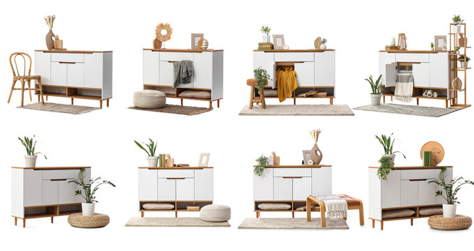 Modern white wooden sideboard with natural wood top and legs, minimalist home furniture collection, isolated on white background