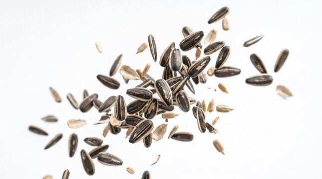 Flying scattered sunflower seeds with shells isolated on pure white background