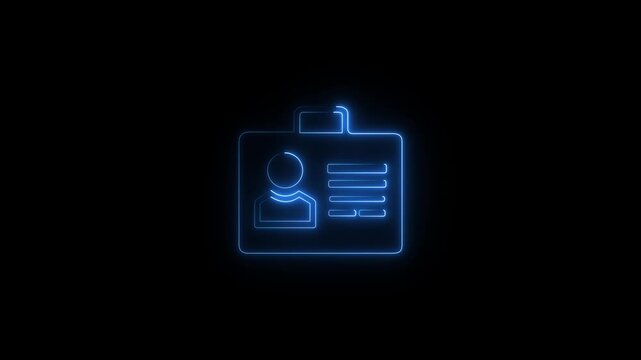 Glowing neon line Identification badge icon isolated on black background. Neon blue ID card icon for futuristic credential UI Bright cyber badge symbol with technological.4k Animation.